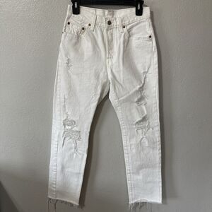Levis 501‎ Jeans White Distressed Button Fly Women's Size 26x30 Straight Raw Hem